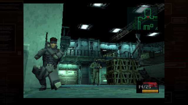 Metal Gear Solid: Snake pressed against a wall near guards
