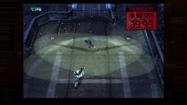 Metal Gear Solid: overhead alert-state view, DANGER 99.99